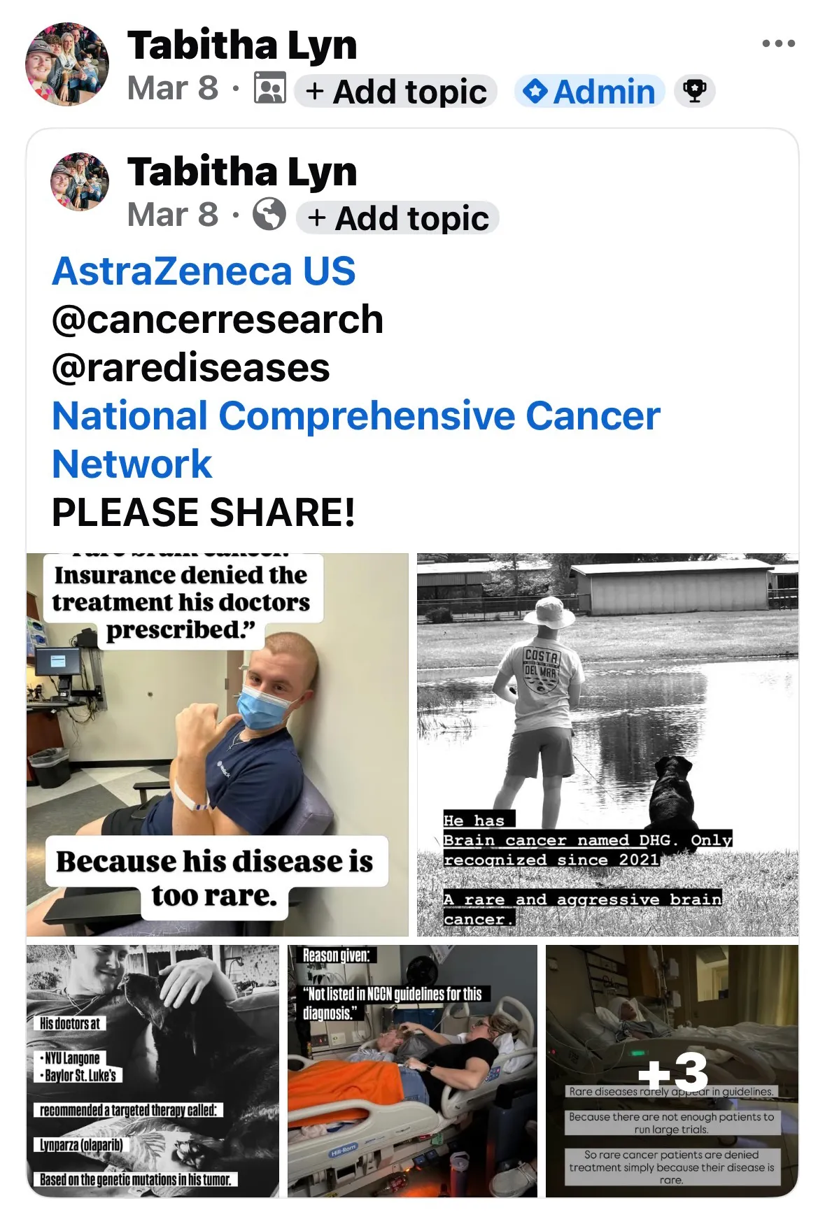 A screenshot of a Facebook post by Tabitha Low tags AstraZeneca, @cancerresearch, @rarediseases, and the National Comprehensive Cancer Network. The text of the post reads, "PLEASE SHARE!" followed by images of Mason Henderson describing his condition.