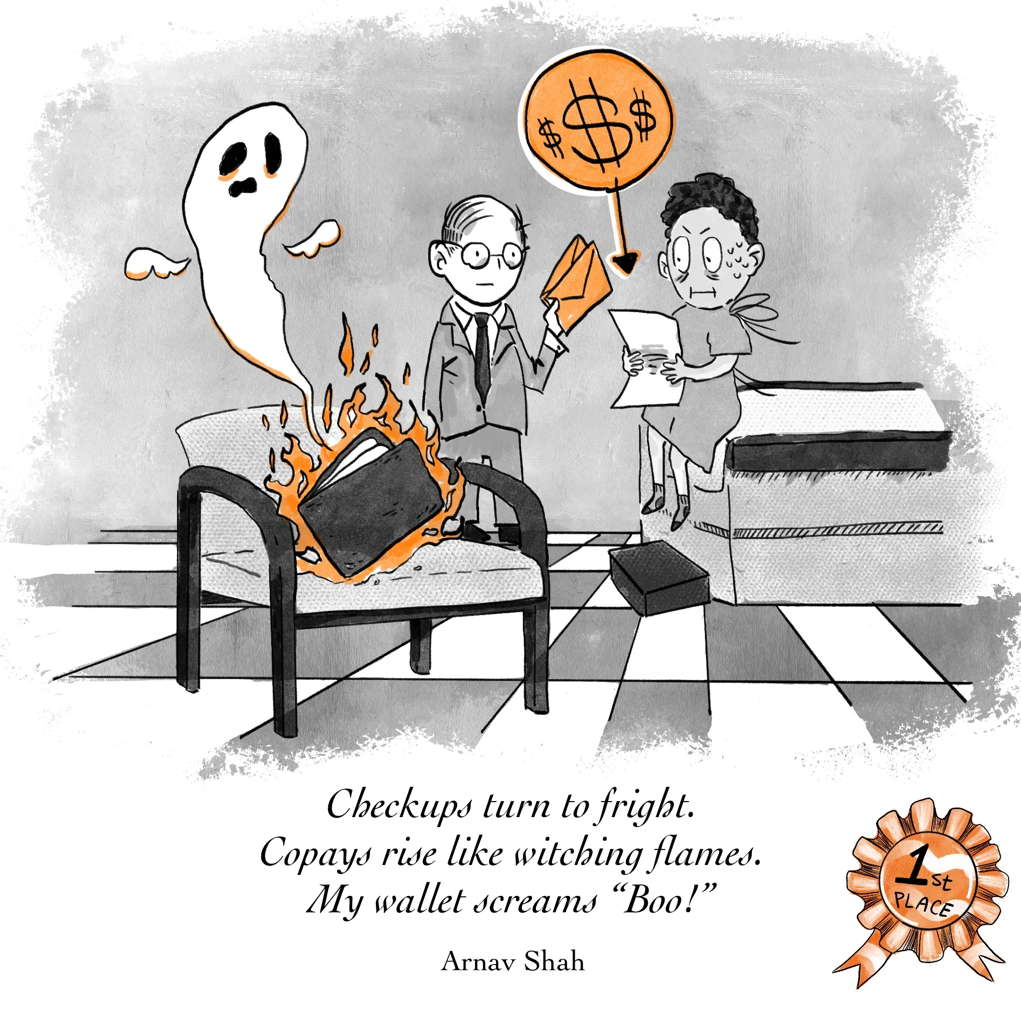 A cartoon drawing of a patient being handed a bill in a hospital room. In the foreground, the patient's wallet bursts into flames, and its ghost floats up from its fiery form. Text reads: 