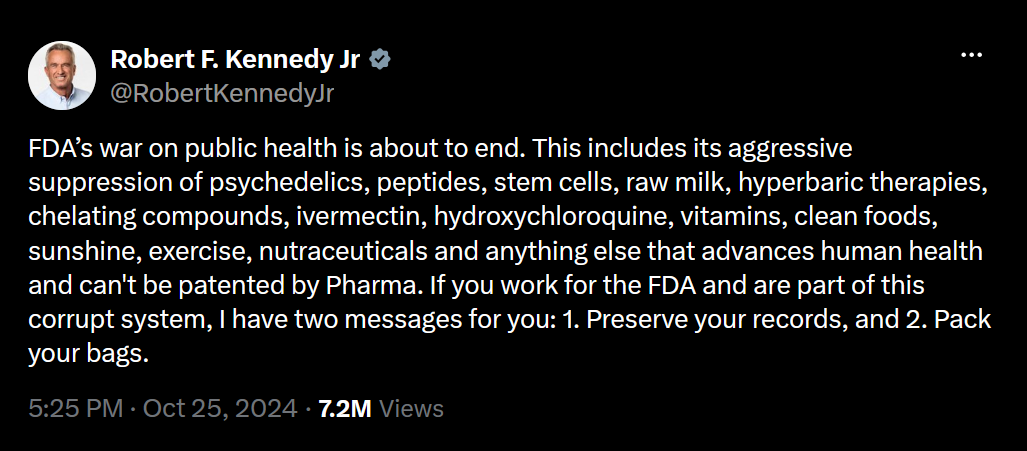 A post on X from Robert F. Kennedy Jr. that reads,